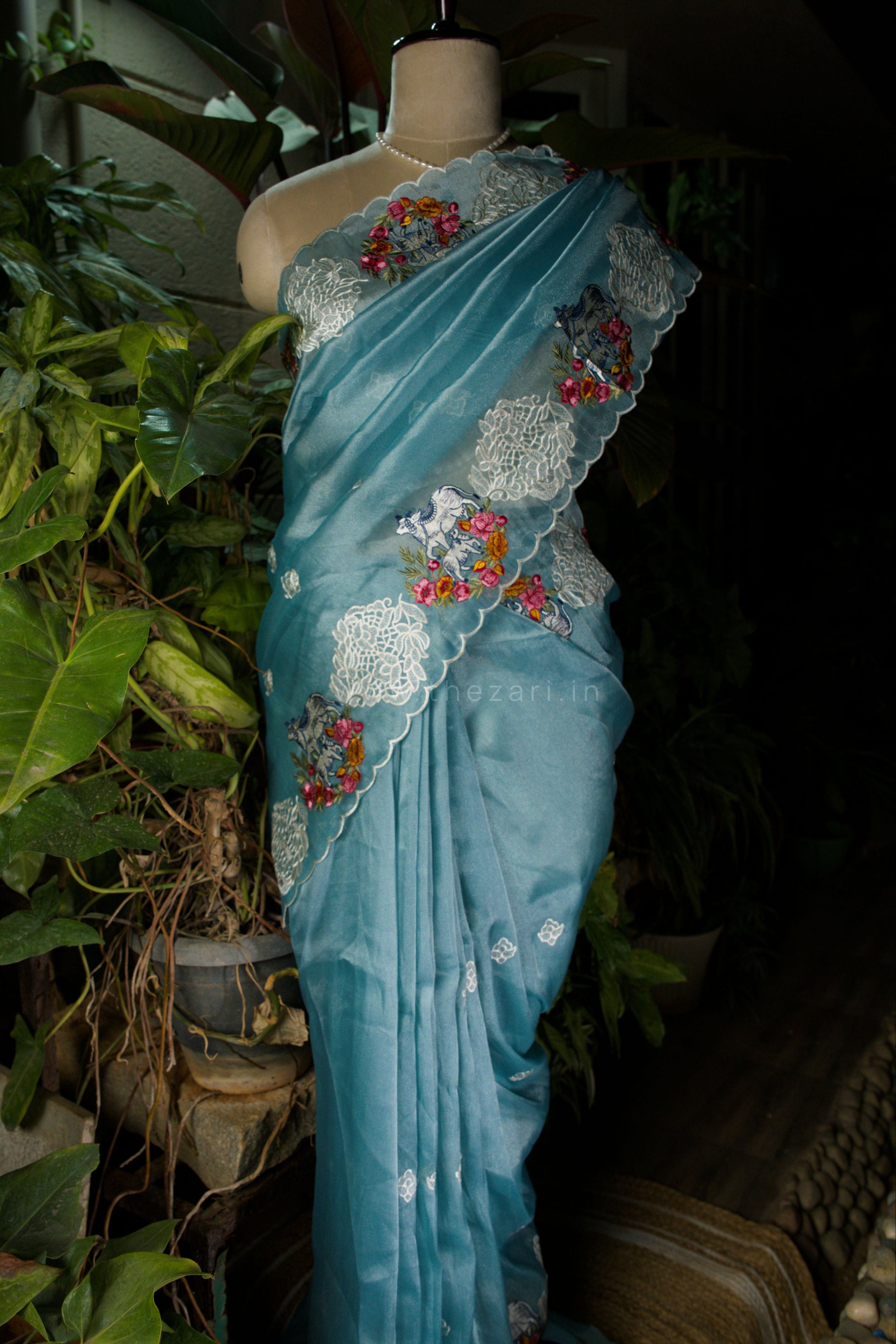 Blue Tissue with Kamadhenu motifs