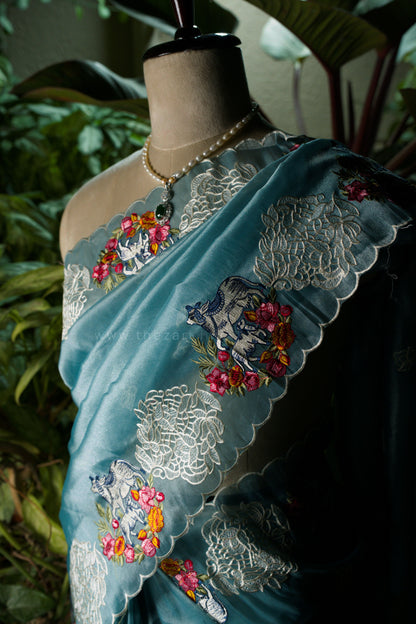 Blue Tissue Saree in Kamadhenu Motifs