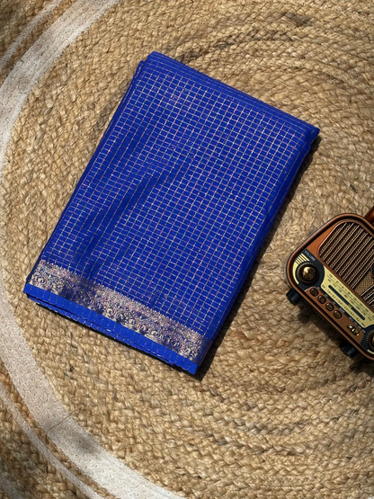Blue Semi Mysore Crepe Silk Saree with Check Border