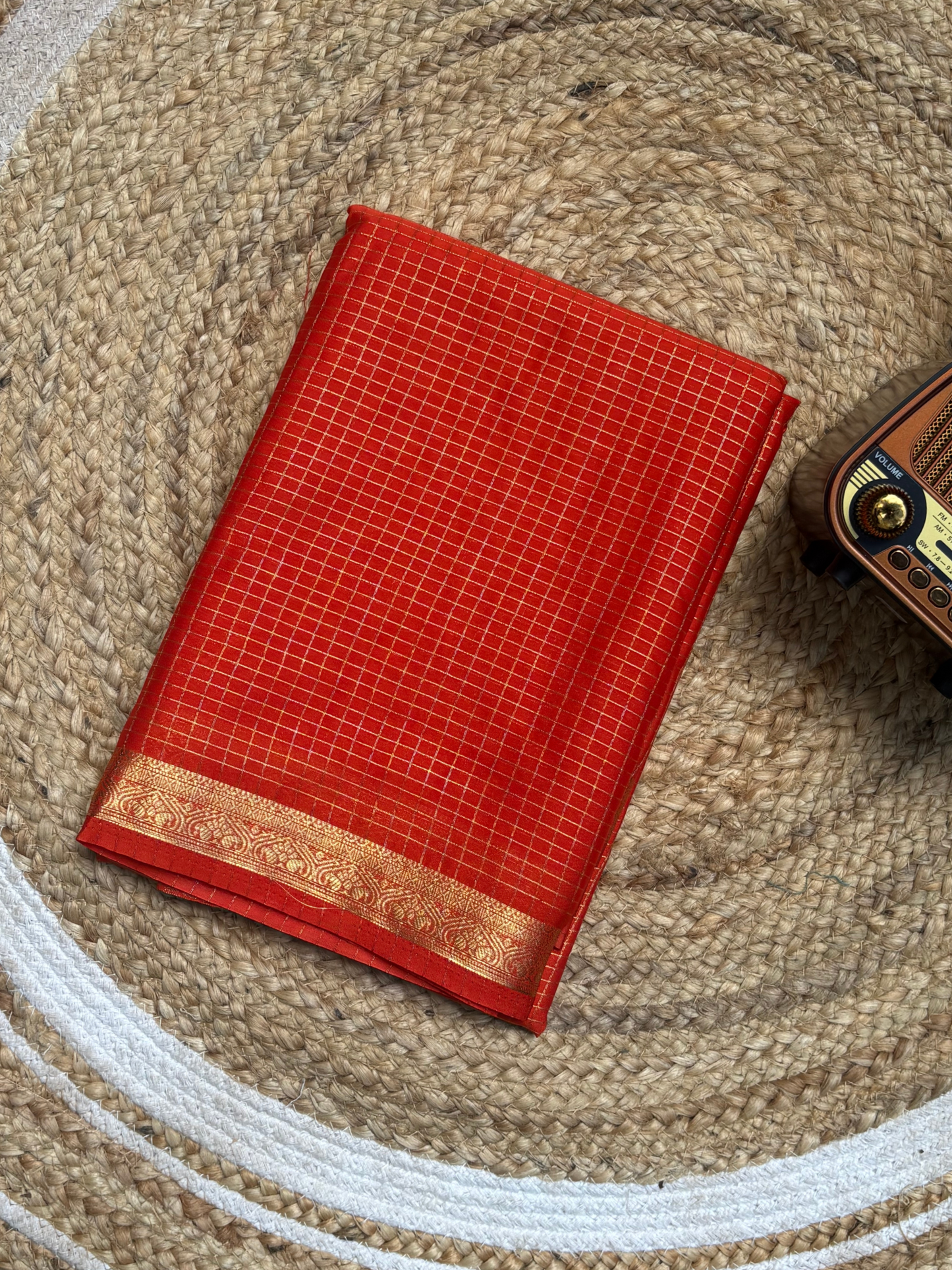 Orange Semi Mysore Crepe Silk Saree with Check Border