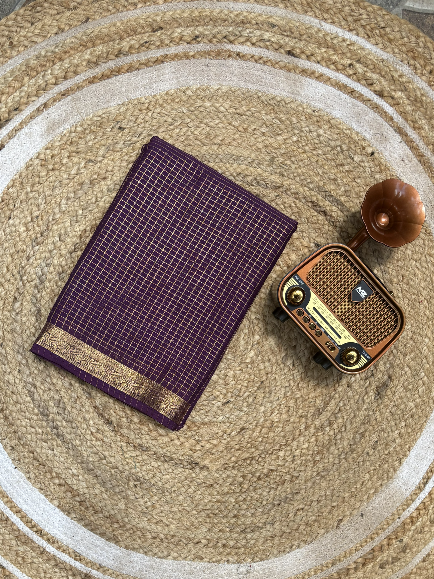 Purple Mysore Semi Mysore Crepe Silk with Check Border