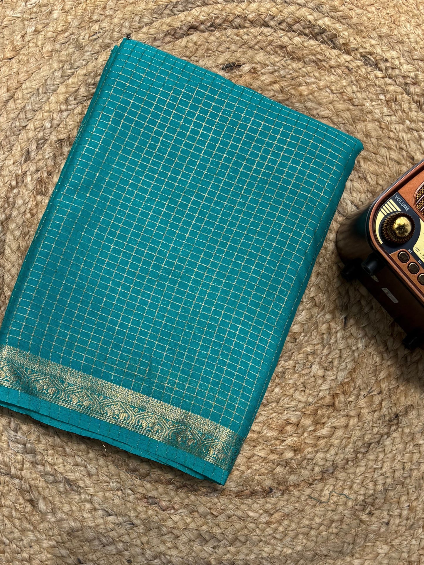 Turquoise Semi Mysore Crepe Silk Saree with Check Border