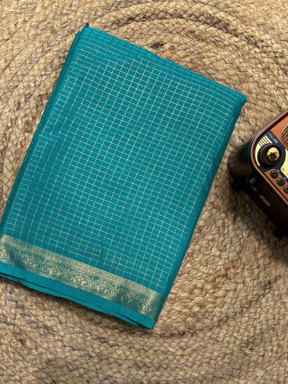Turquoise Semi Mysore Crepe Silk Saree with Check Border