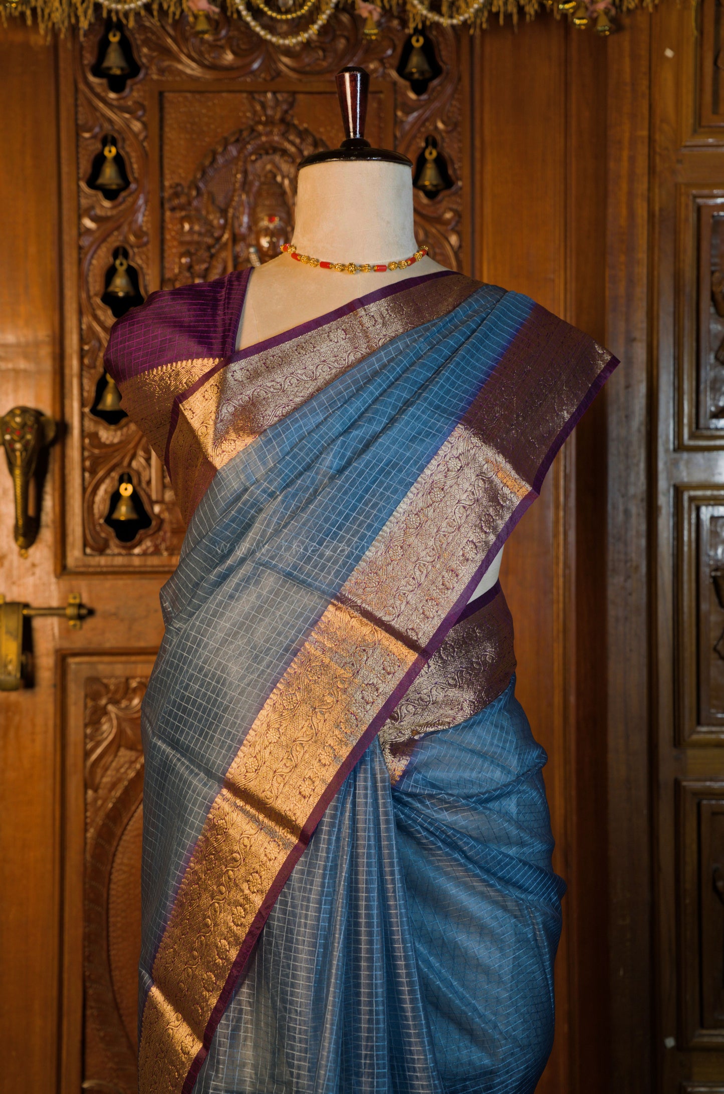 Organza Checked Grey saree