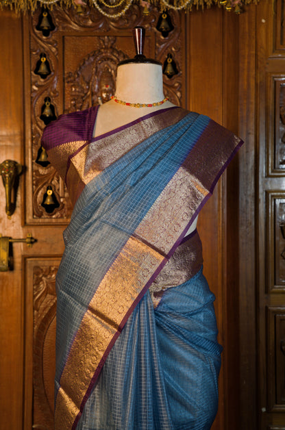 Organza Checked Grey saree