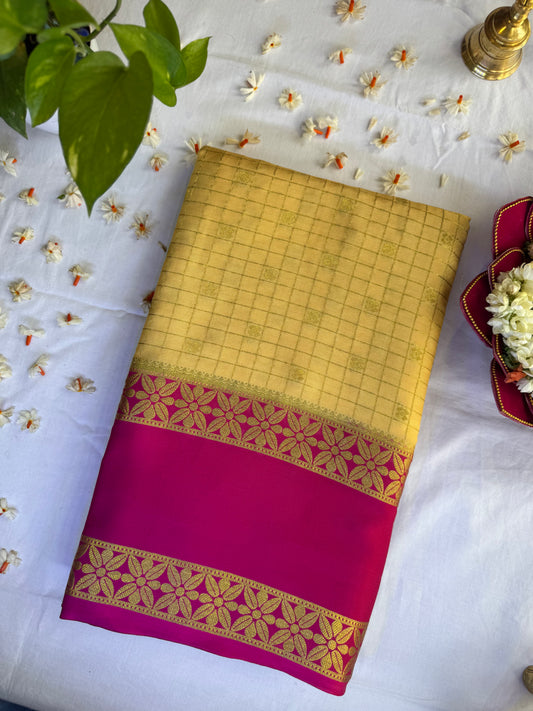 Mysore crepe silk saree in  Checks with butta Gold and Pink 150GSM