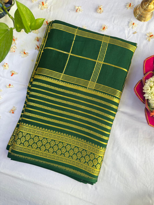Mysore crepe silk saree in  Big border with multi checks 150 GSM - Bottle Green