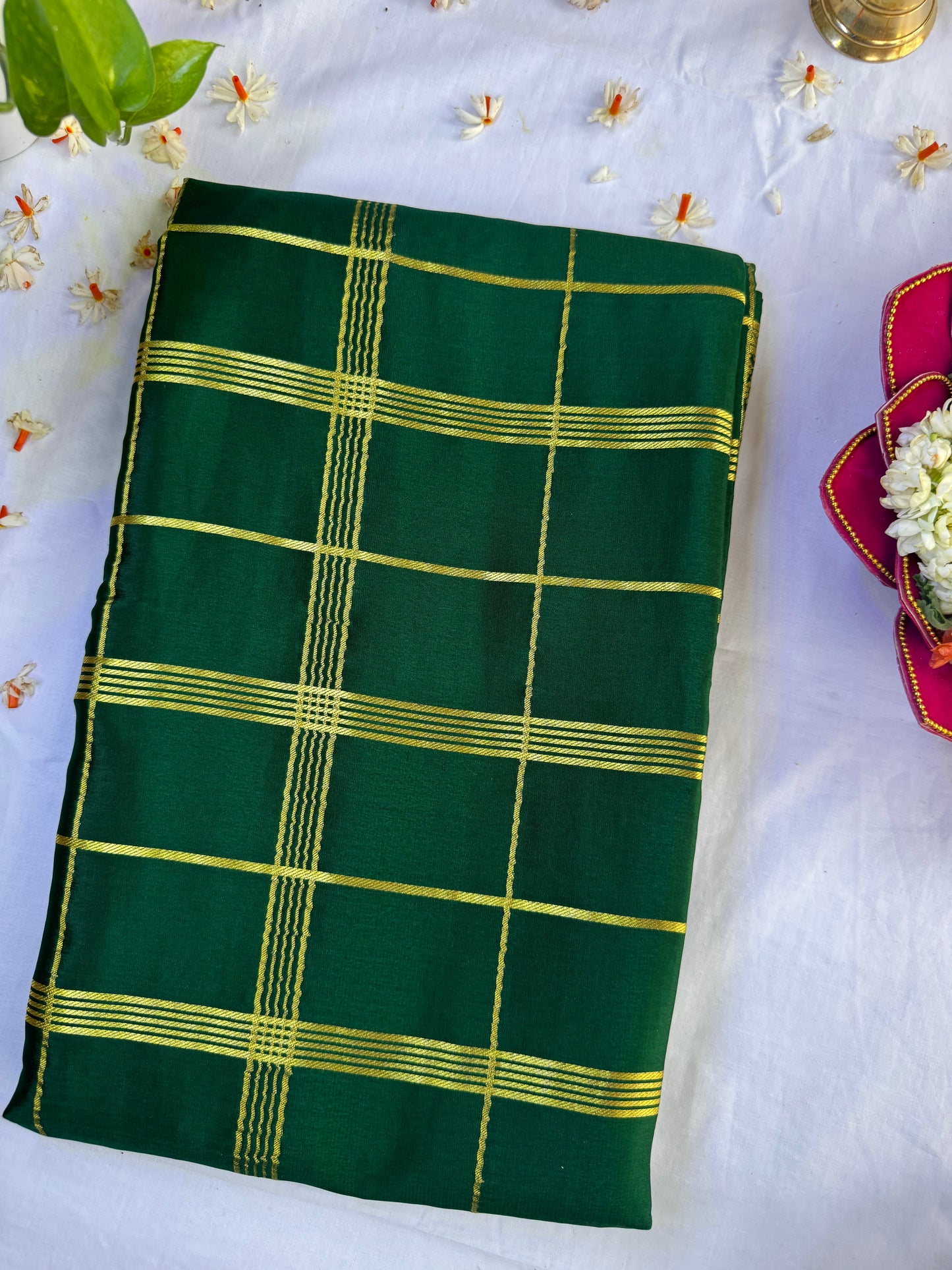 Mysore crepe silk saree in  Big border with multi checks 150 GSM - Bottle Green