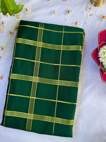 Mysore crepe silk saree in  Big border with multi checks 150 GSM - Bottle Green