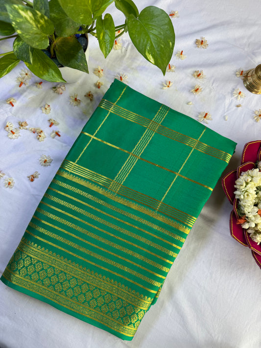 Mysore crepe silk saree in  Big border with multi checks 150 GSM - Pista Green