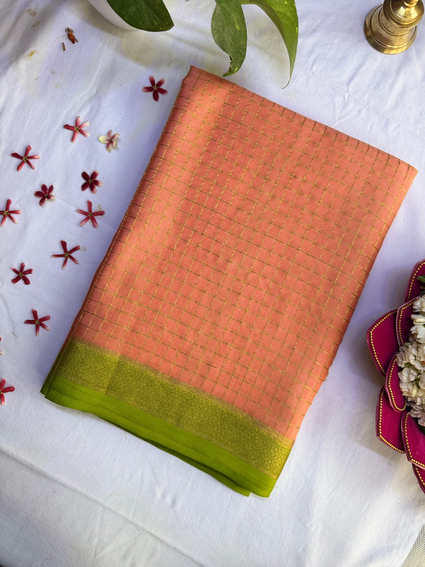 Mysore crepe silk saree in  1/2 inch checks 150 GSM - Orange, Green