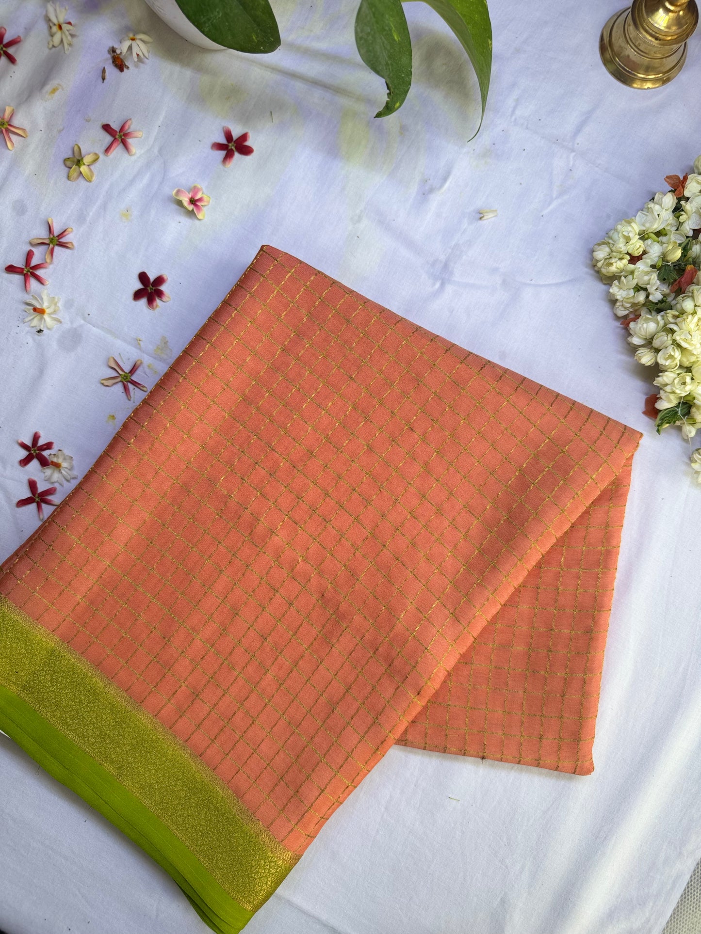 Mysore crepe silk saree in  1/2 inch checks 150 GSM - Orange, Green