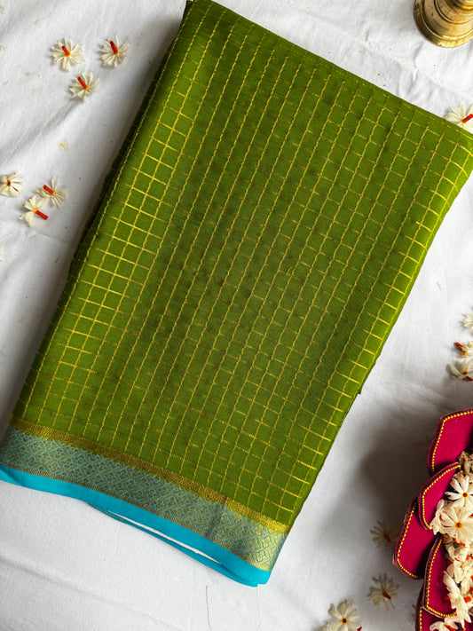 Mysore crepe silk saree in  1/2 inch checks 150 GSM - Green, Blue