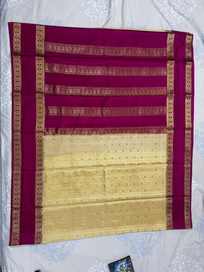 Mysore crepe silk saree in  Checks with butta Gold and Pink 150GSM