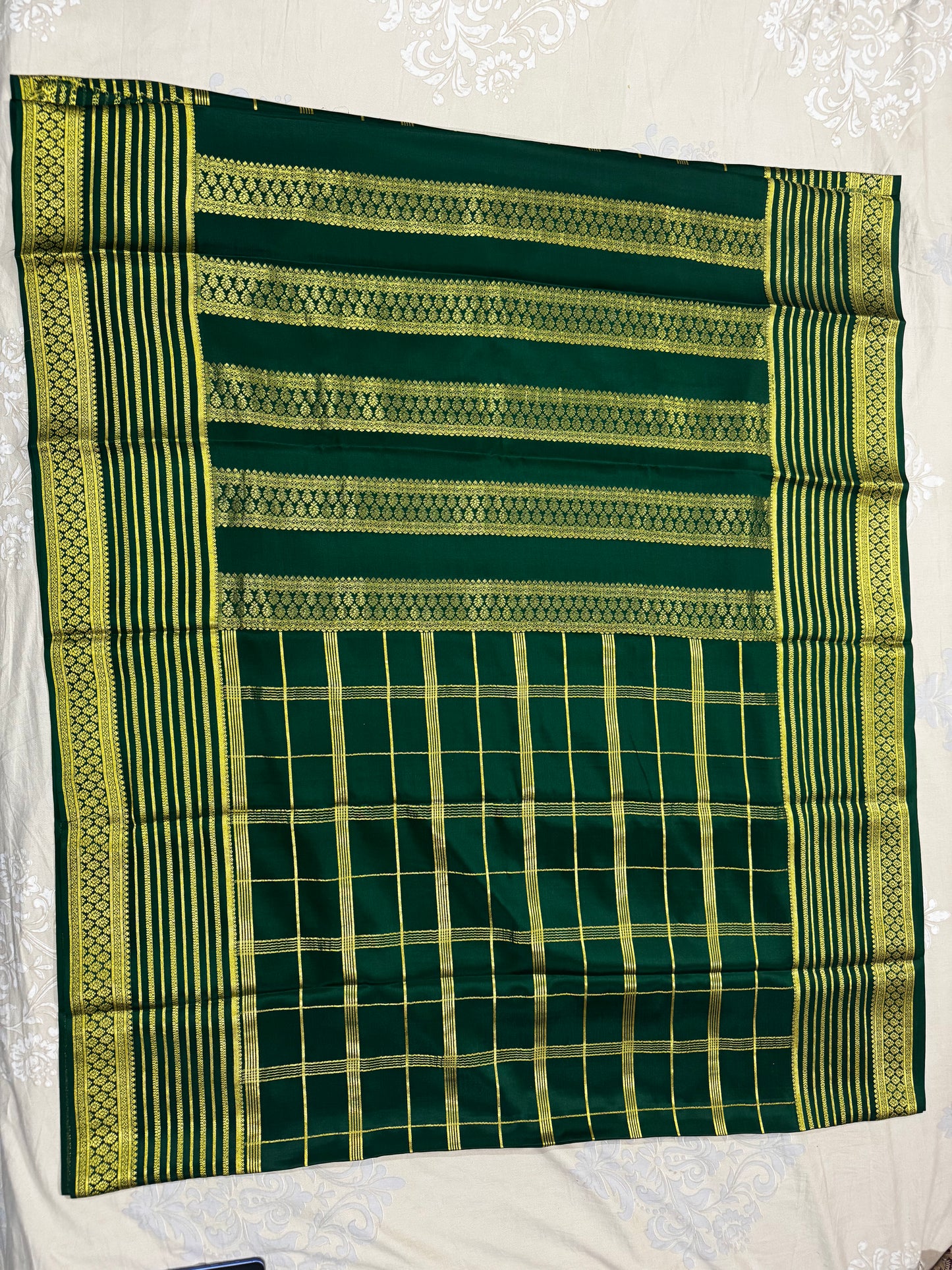 Mysore crepe silk saree in  Big border with multi checks 150 GSM - Bottle Green