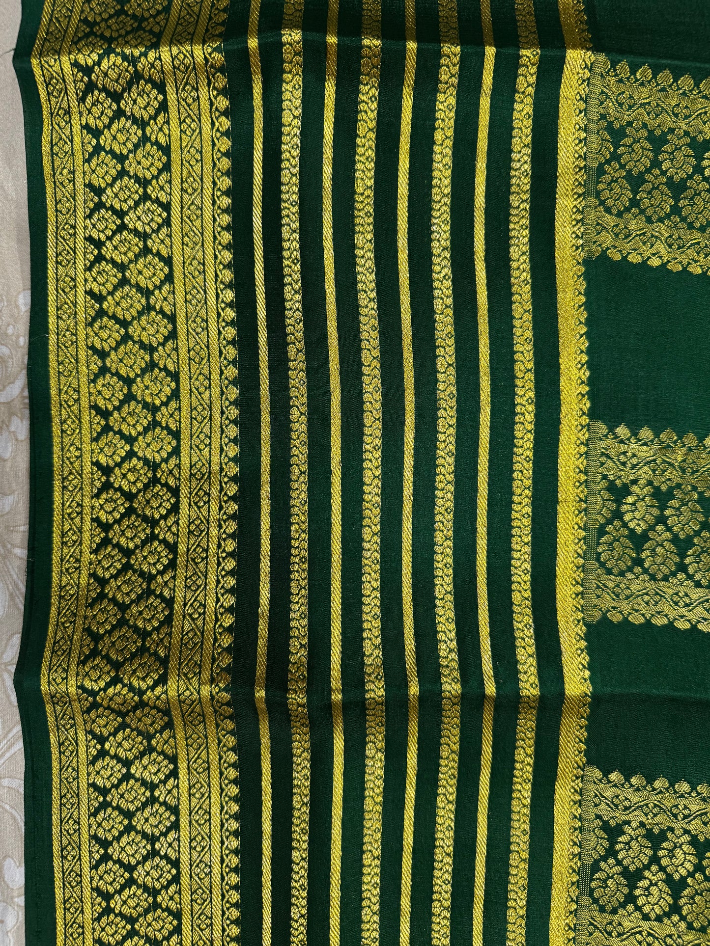 Mysore crepe silk saree in  Big border with multi checks 150 GSM - Bottle Green