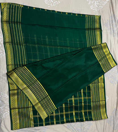 Mysore crepe silk saree in  Big border with multi checks 150 GSM - Bottle Green
