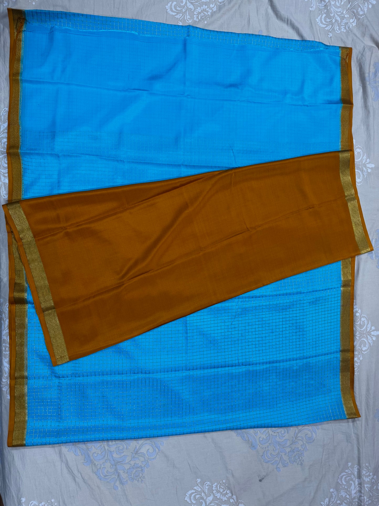 Mysore crepe silk saree in  1/2 inch checks 150 GSM - Blue, Yellow