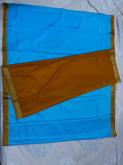 Mysore crepe silk saree in  1/2 inch checks 150 GSM - Blue, Yellow