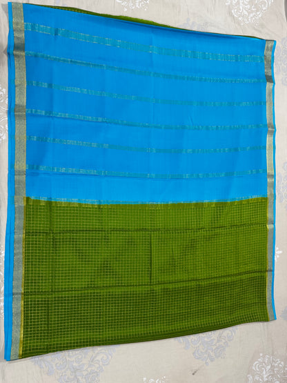 Mysore crepe silk saree in  1/2 inch checks 150 GSM - Green, Blue