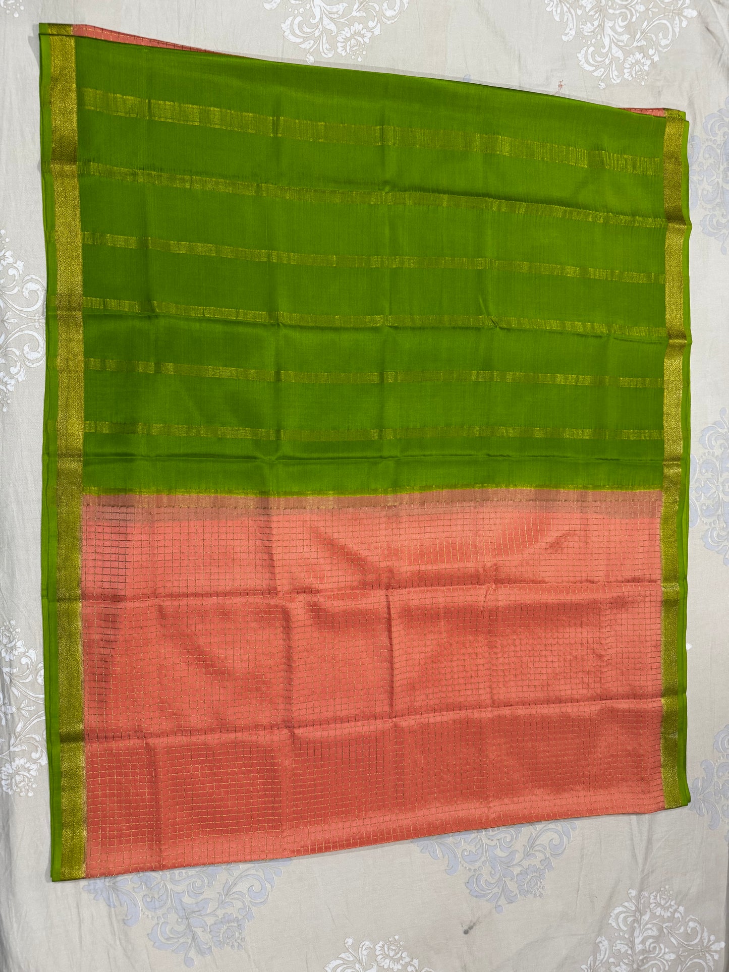 Mysore crepe silk saree in  1/2 inch checks 150 GSM - Orange, Green