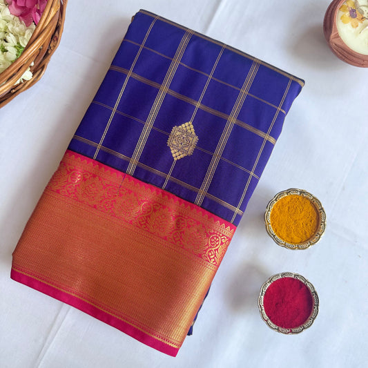 Semi kanchivaram silk saree dark blue and red