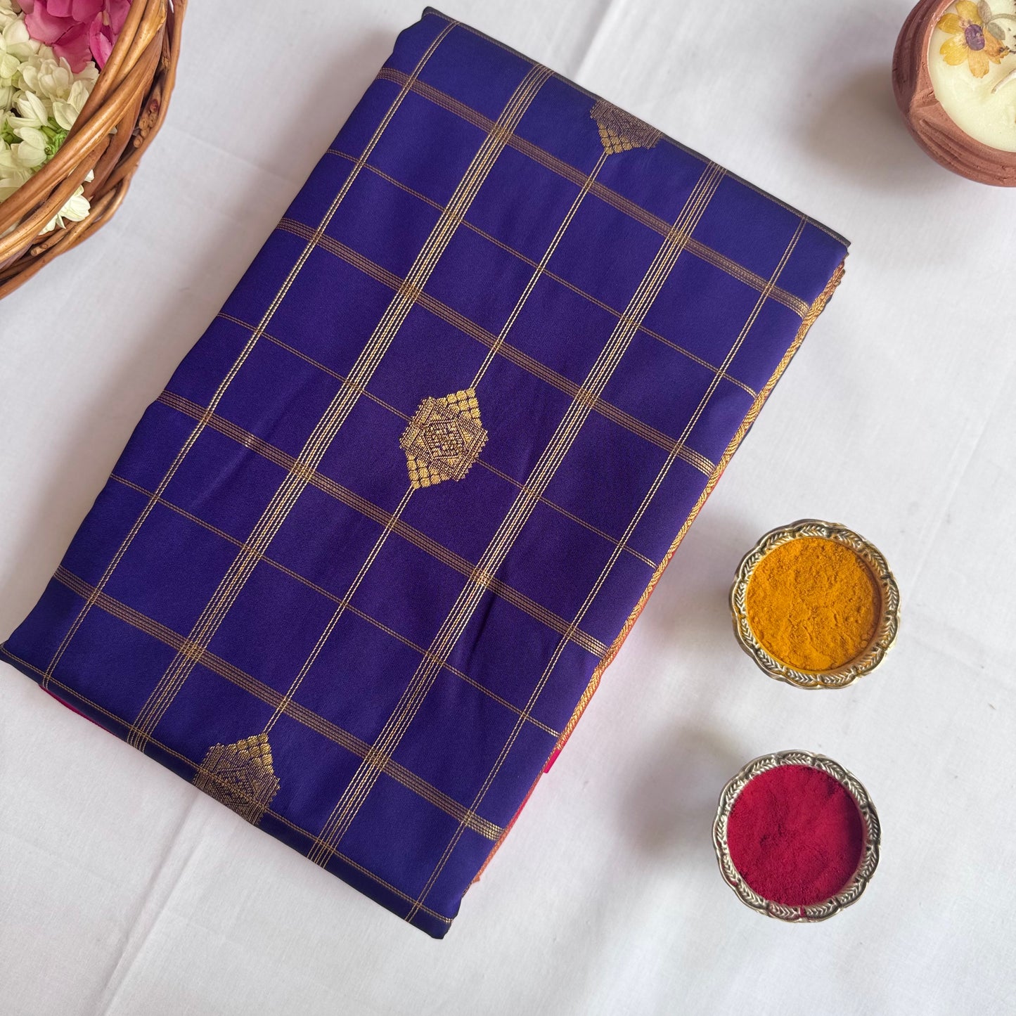 Semi kanchivaram silk saree dark blue and red