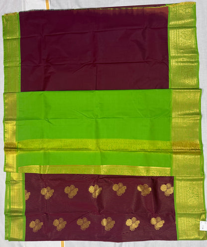 Semi kanchivaram silk saree dark maroon and green