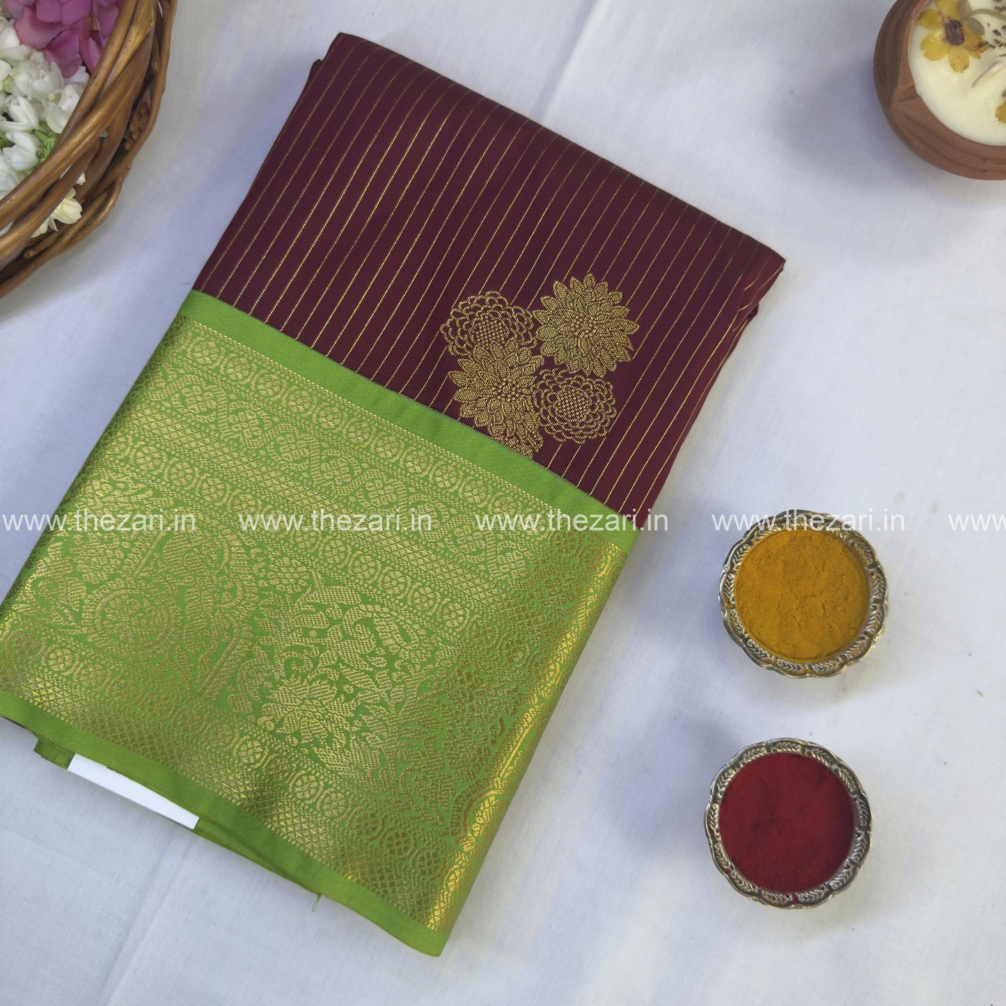 Semi kanchivaram silk saree dark maroon and green