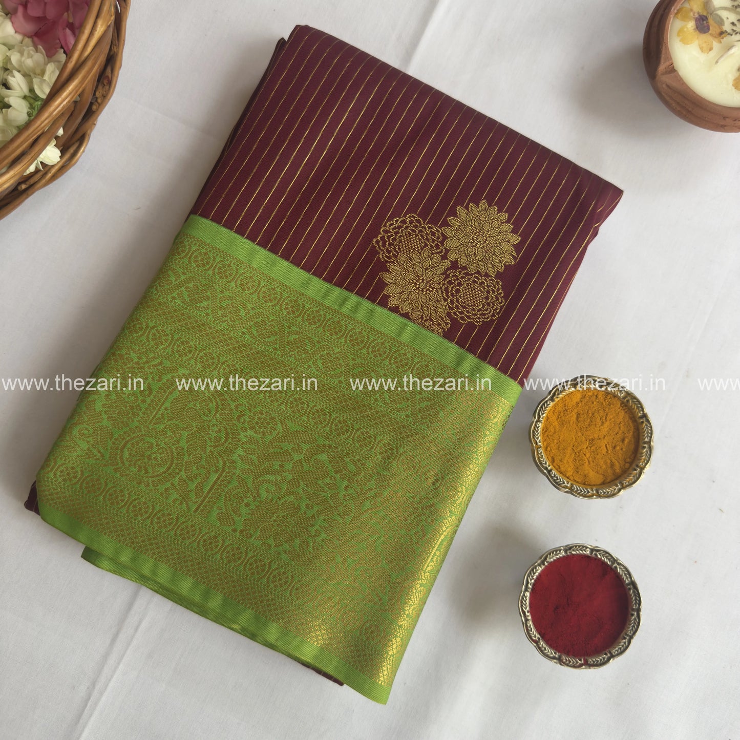 Semi kanchivaram silk saree dark maroon and green