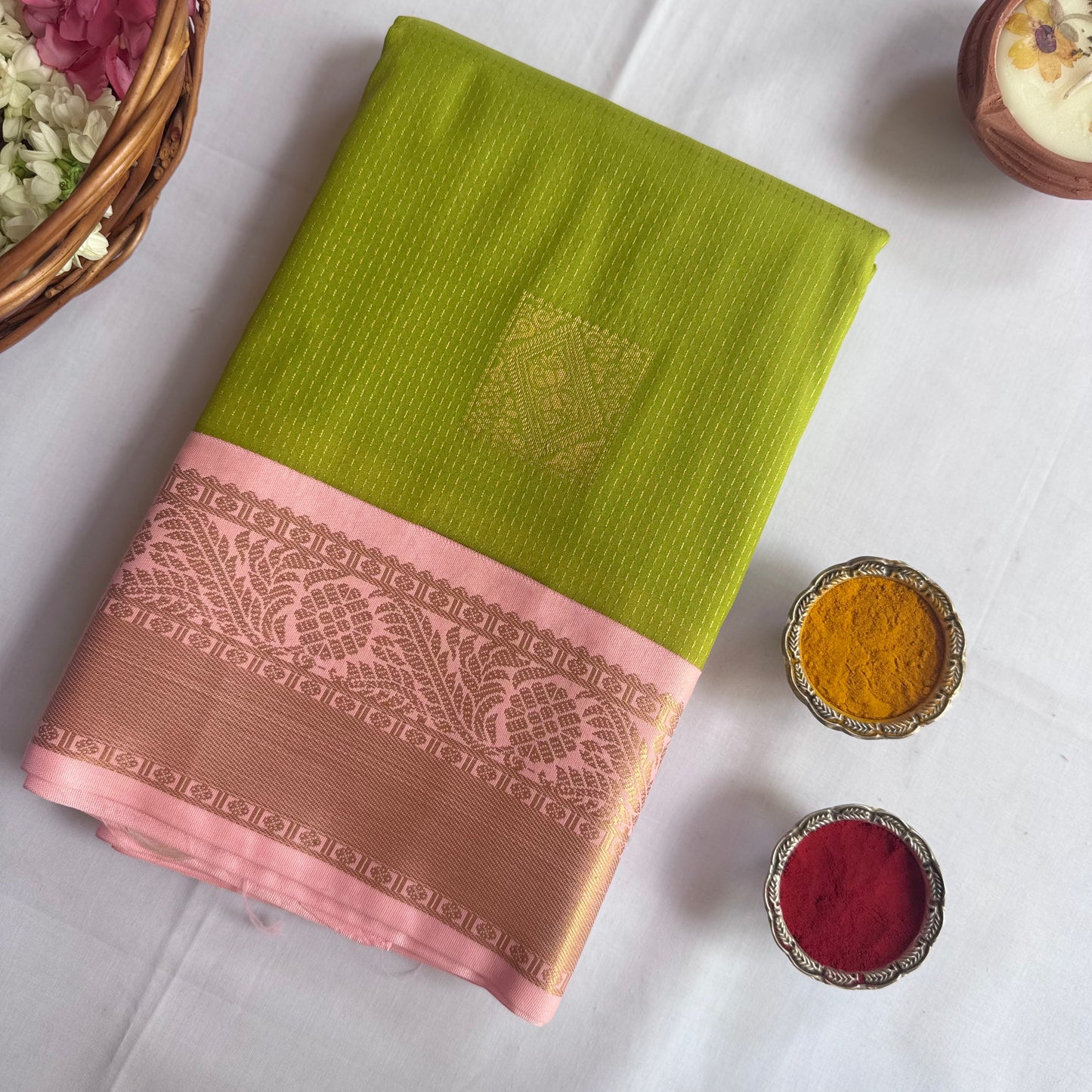 Semi kanchivaram silk saree green and pastel pink