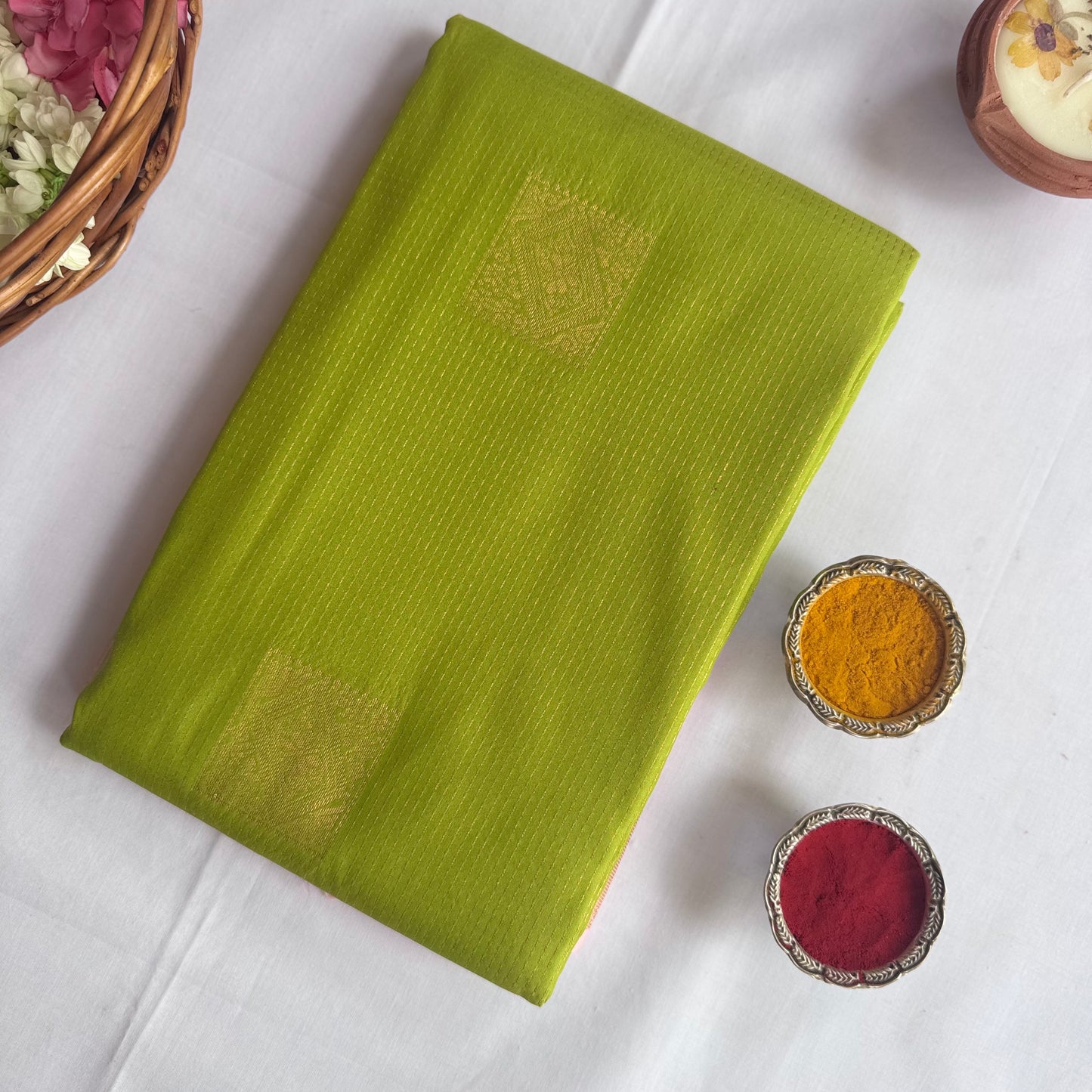 Semi kanchivaram silk saree green and pastel pink