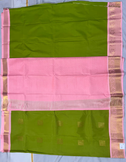 Semi kanchivaram silk saree green and pastel pink