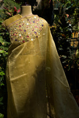 Light Yellow Linen Tissue saree with Korean work