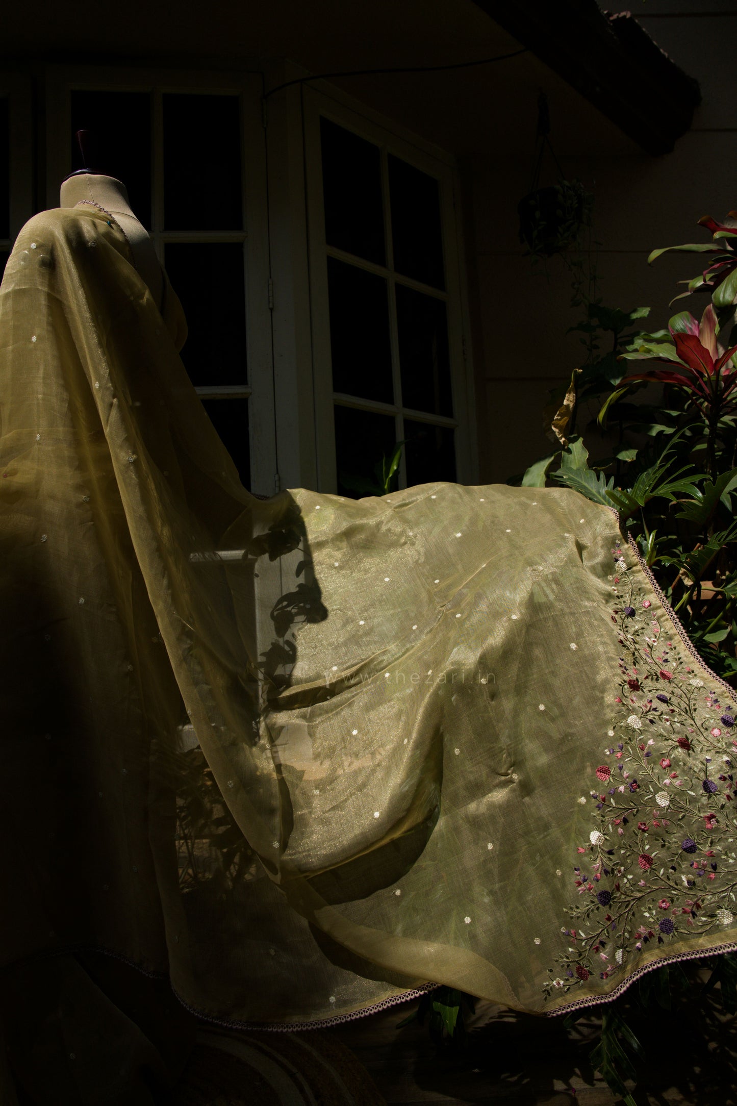 Light Yellow Linen Tissue saree with Korean work