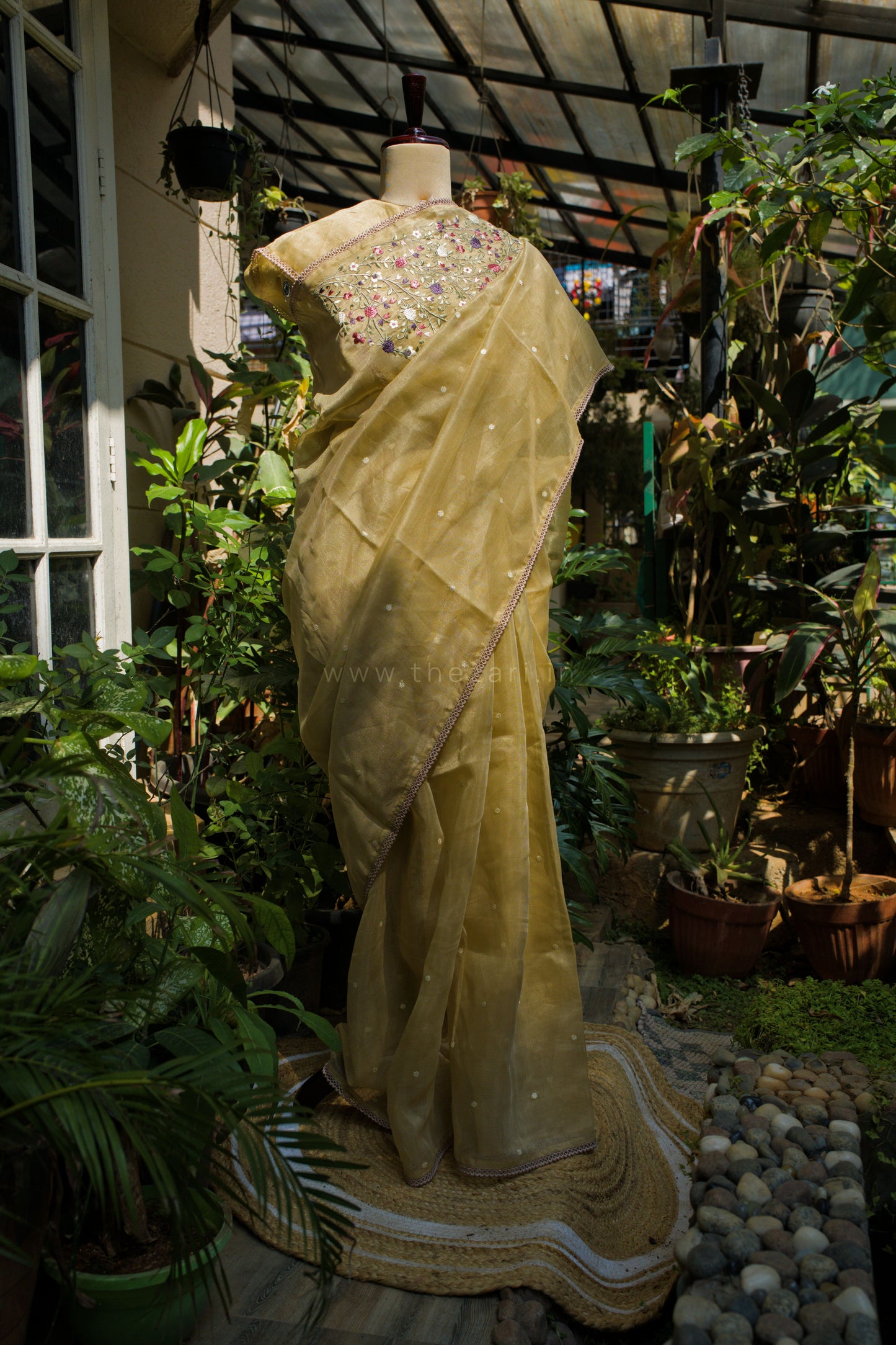 Light Yellow Linen Tissue saree with Korean work