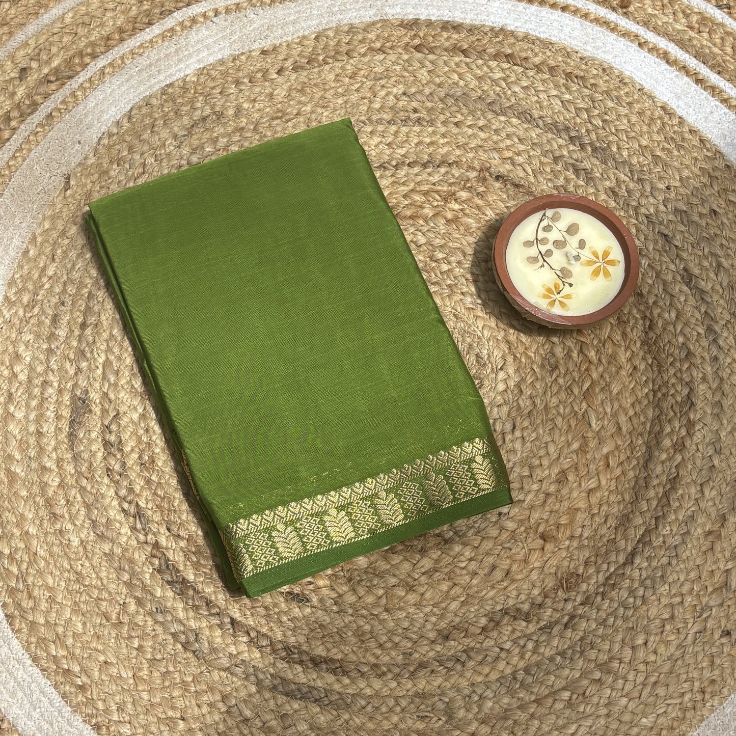 Parrot Green Tape Border Crepe Saree