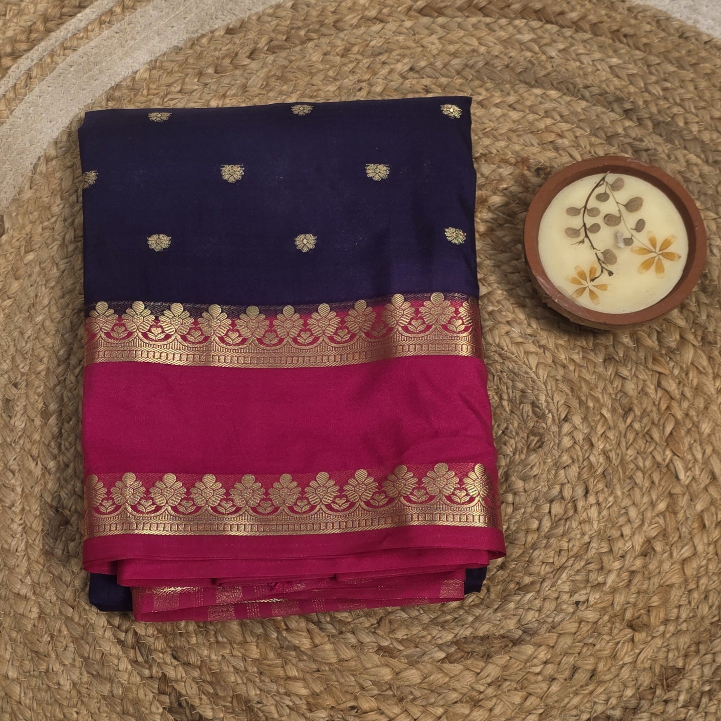 Blue Semi Crepe Silk With Buttas And Contrast Border