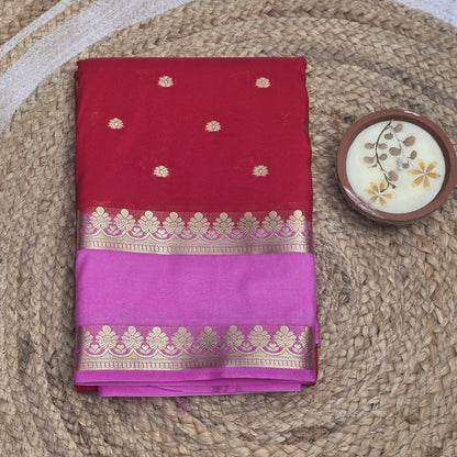 Red Semi Crepe Silk With Buttas And Contrast Border