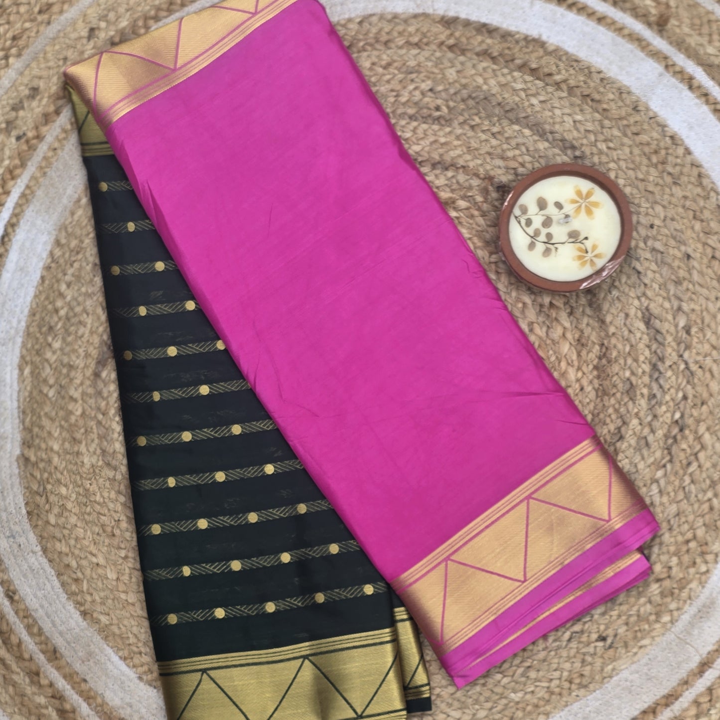 Pink And Green Semi Crepe Silk Half And Half Pattern