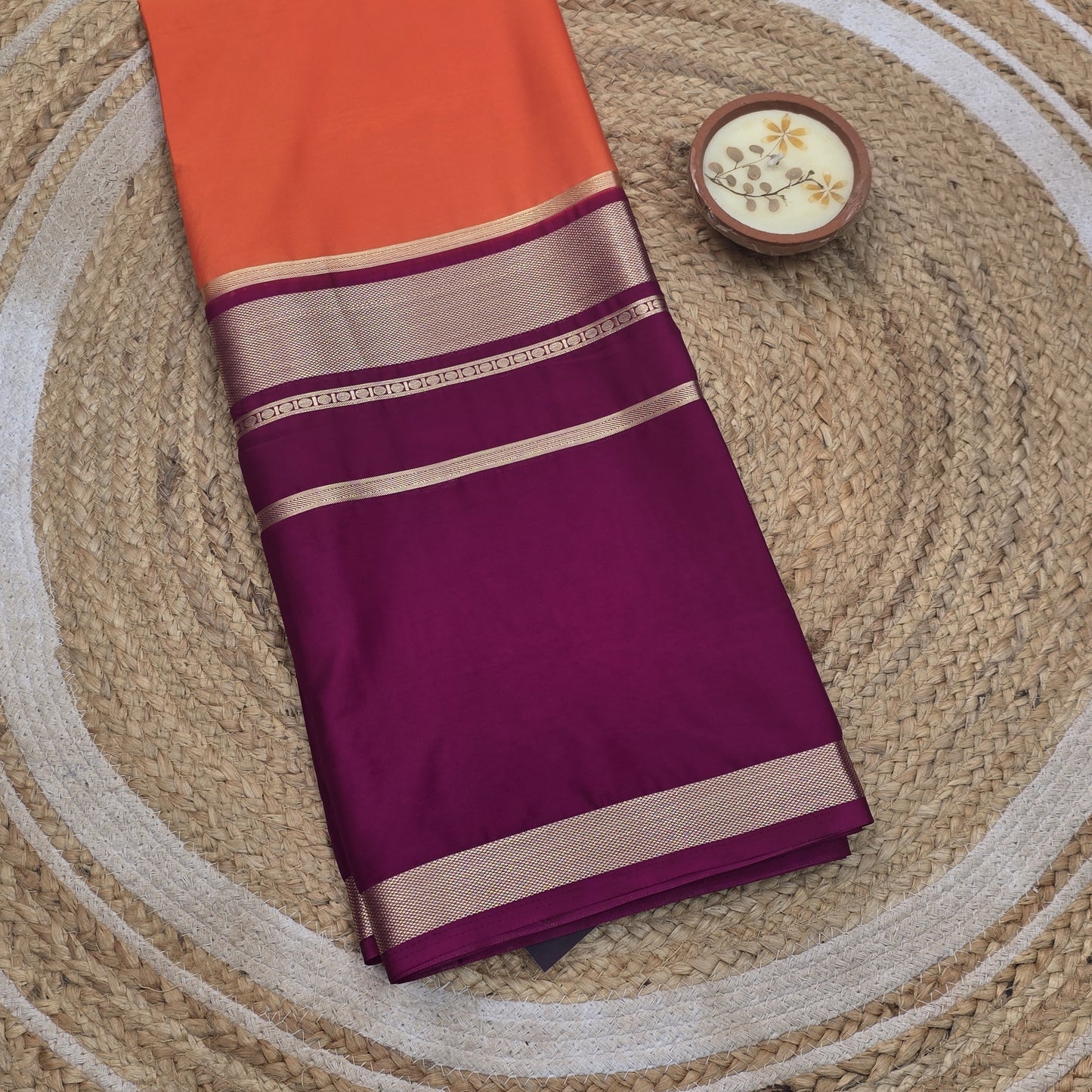 Semi Crepe Silk With Orange And Purple Double Border