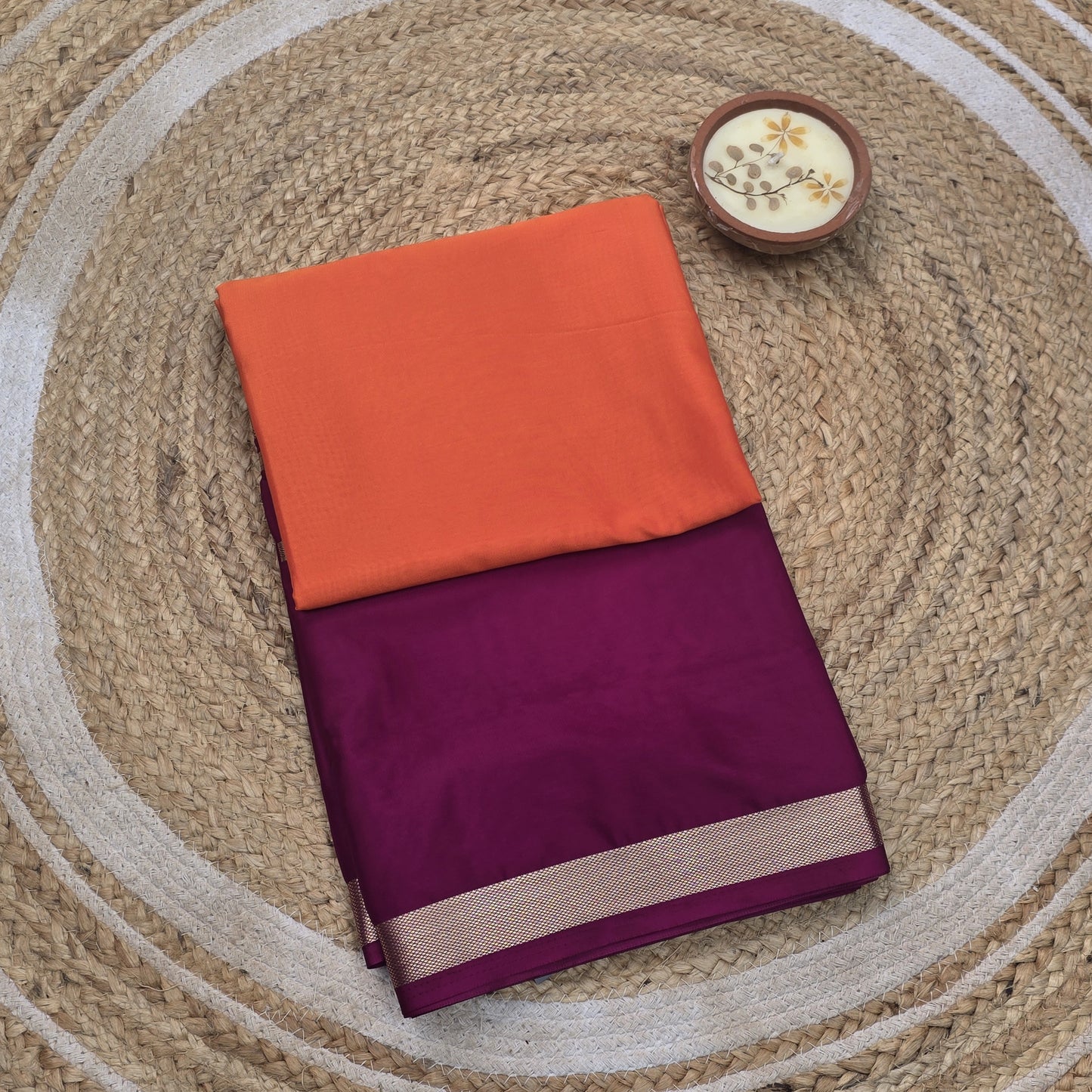 Semi Crepe Silk With Orange And Purple Double Border