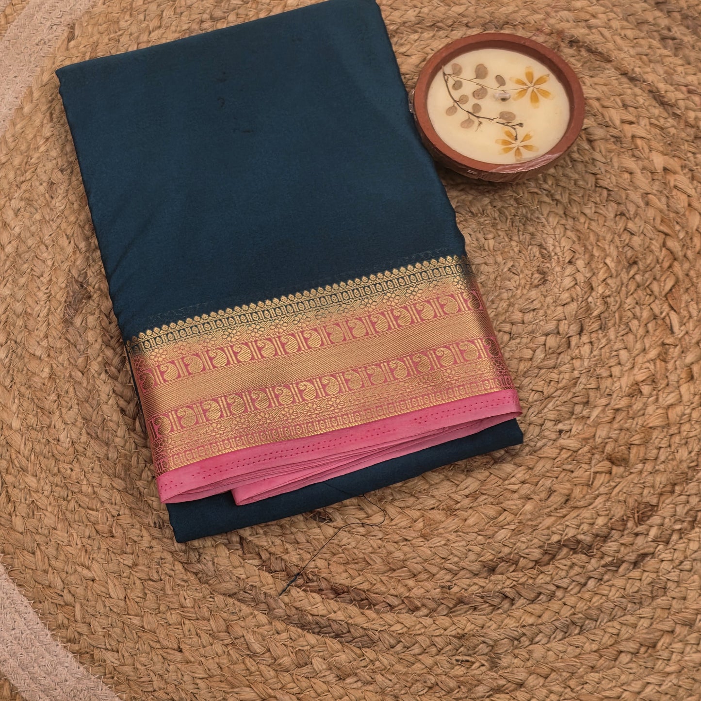 Blue With Pink Border Semi Crepe Silk