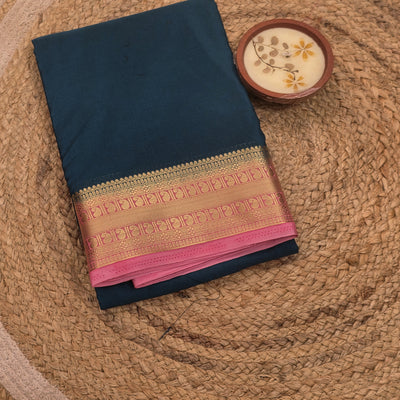 Blue With Pink Border Semi Crepe Silk