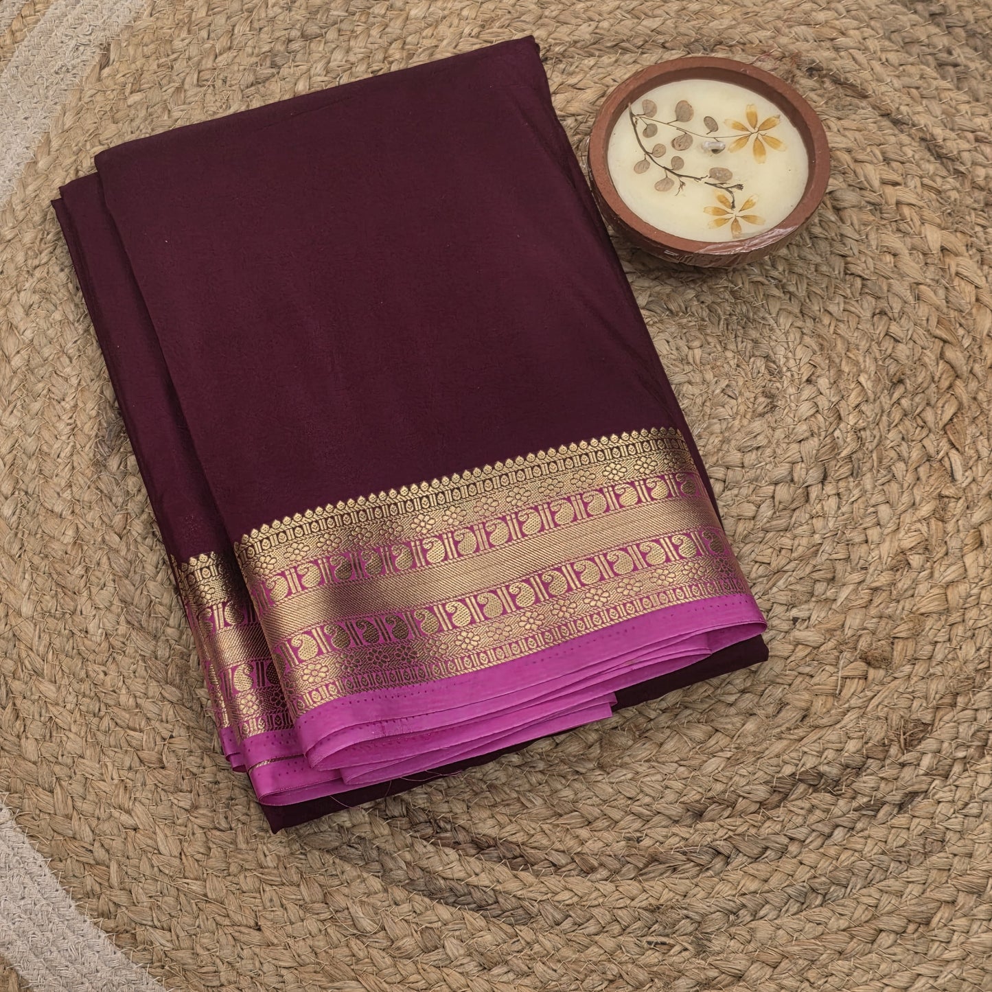 Brown With Pink Border Semi Crepe Silk