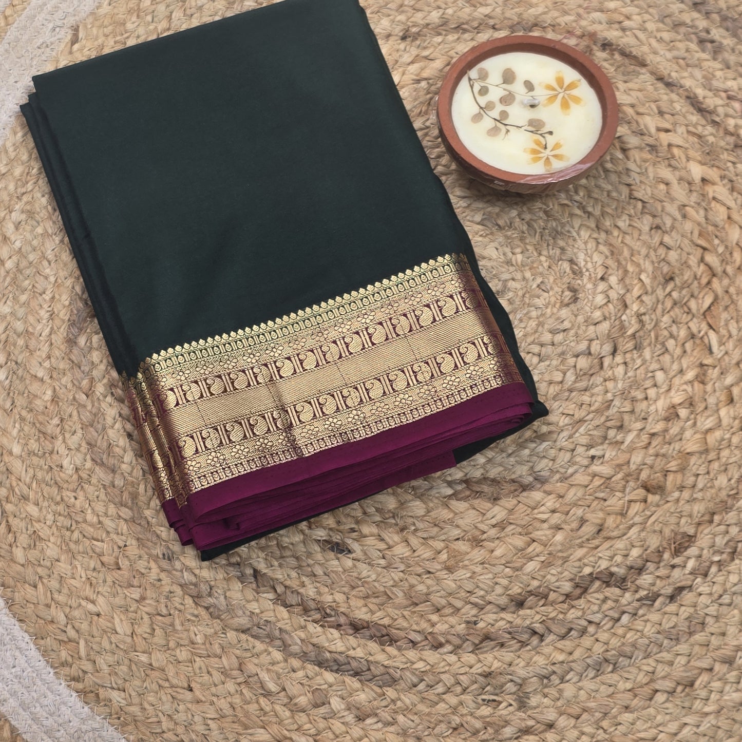 Green With Maroon Border Semi Crepe Silk
