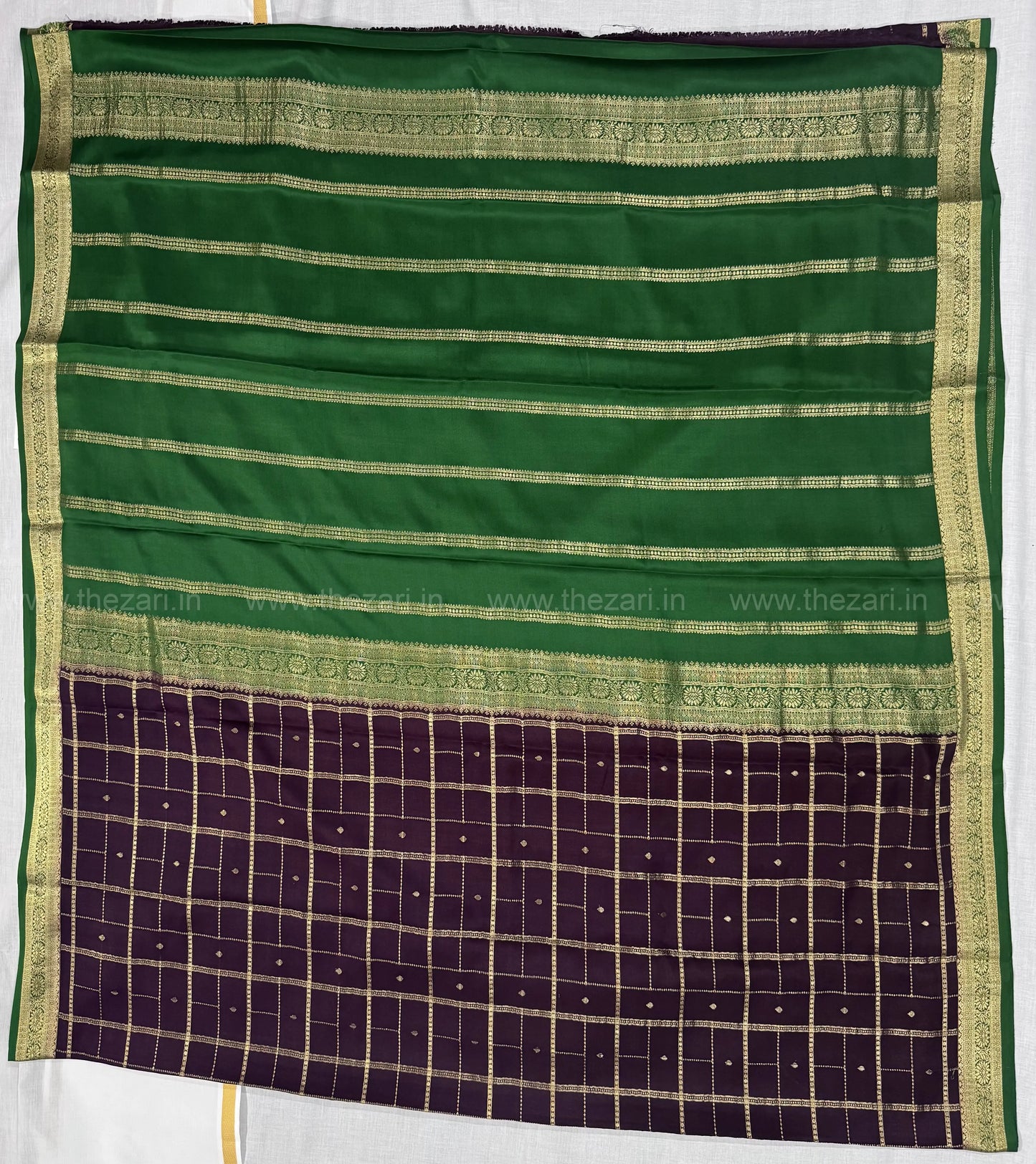 Mysore crepe silk saree in Rectangle and square Checks with butta Coffee brown and green 150 GSM