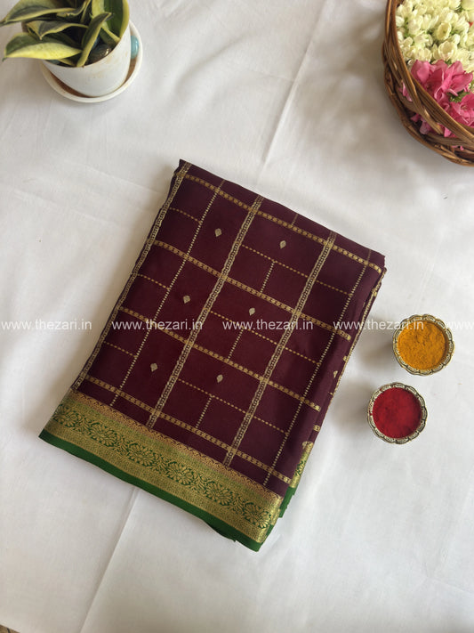 Mysore crepe silk saree in Rectangle and square Checks with butta Coffee brown and green 150 GSM