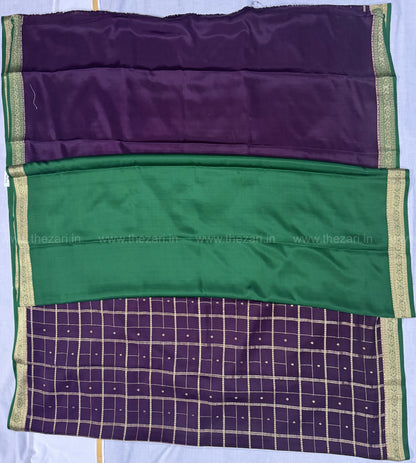 Mysore crepe silk saree in Rectangle and square Checks with butta Coffee brown and green 150 GSM