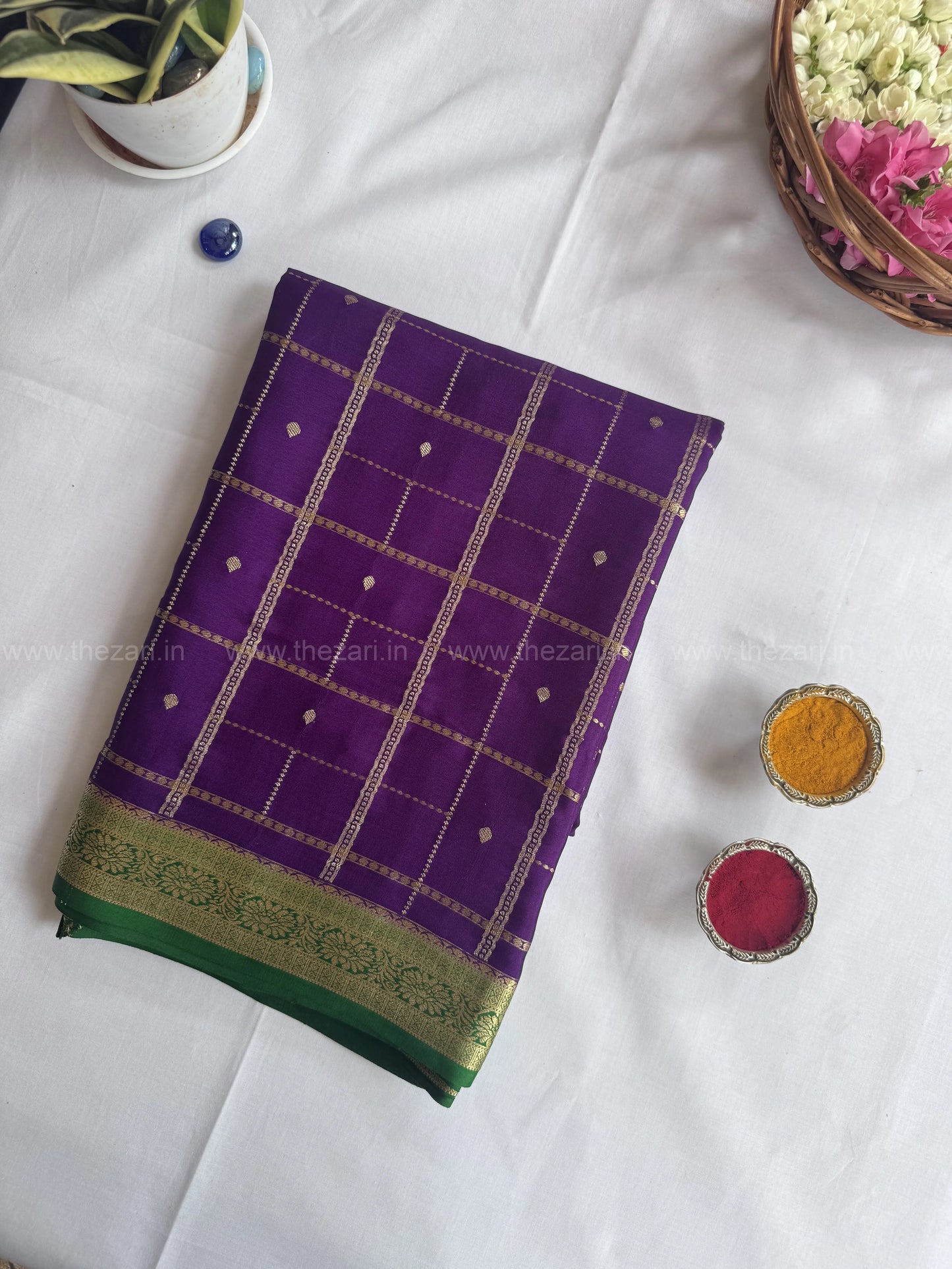 Mysore crepe silk saree in Rectangle and square  Checks with butta Purple and green 150 GSM